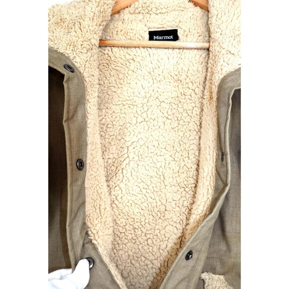 Marmot Sherpa Lined Jacket Medium Khaki Hooded Parka Cozy Y2K Gorpcore Winter - Picture 5 of 12